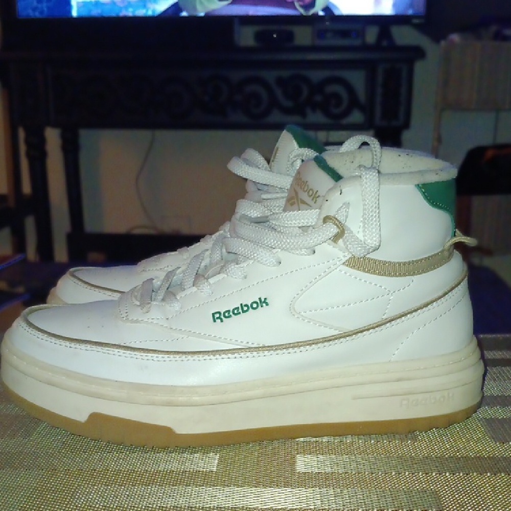 Reebok White and Green High-Tops with Tan Sole